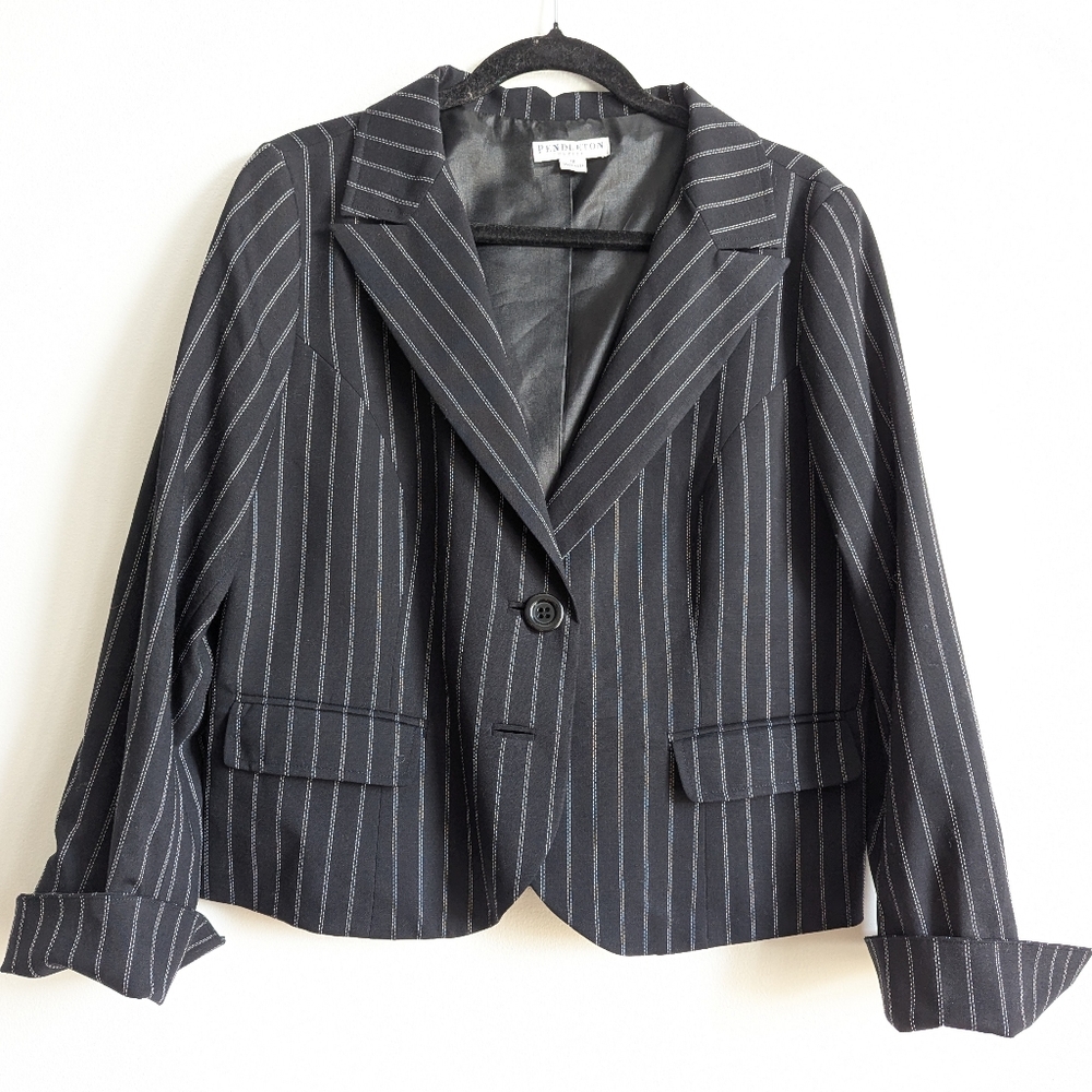 Vintage Pendleton Virgin Wool Navy Pinstripe Blazer 18P Dark Academia